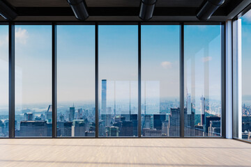 Plakat front view modern empty office with panoramic downtown skyline view and large windows at bright daylight - 3D Illustration