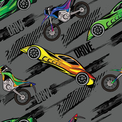 Abstract seamless pattern with sport cars .Bright background with grunge elements for textiles, children's clothes, prints. Pattern for boys © SokolArtStudio