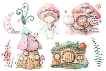 Set of isolated mushroom fairy house illustration.Cute cartoon elven, fairy or gnome houses in the form of pumpkin, tree, mushroom, stump. Cute houses clip art, sublimation designs, summer scenes