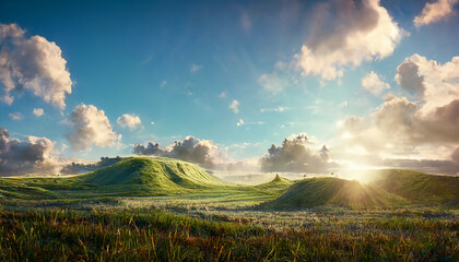 Obraz premium Beautiful Valley in the morning with blue sky background, Digital Painting technic.