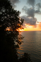 Fototapeta na wymiar Sunset at the sea with trees as silhouettes