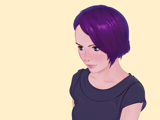 Drawing portrait of young woman with purple hair with thoughtful look on beige background