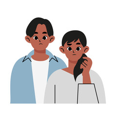 Black businesswoman and businessman thinks about something. Thoughtful African girl and boy makes the decision or explains some things for herself. Flat vector illustration isolated on white