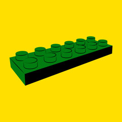Green plastic brick block on a yellow background. Retro geometric drawing of construction game. Creative element for childrens store, flyer design. Vector flat illustration isolated.