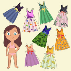 A set of dresses for a girl. The game "Fitting". Trying on summer sundresses for a girl. Printing for games, children's illustration of books, magazines.
