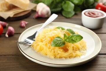 Tasty spaghetti squash with basil and cheese served on wooden table