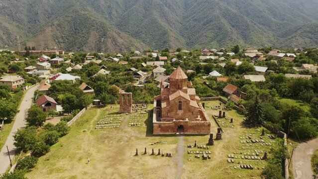 Aerial view Ancient Odzun monastery in Armenia. Medieval Odzun monastery in the the Lori Province,  Armenia. Surb Astvatsatsin Church in Odzun 
6th century․ Cultural monument.