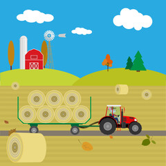 autumn rural cartoon landscape with a farm and a mouse character, on a tractor with a trailer removes straw bales from the field. In the distance one can see a barn and a granary, trees and firs.