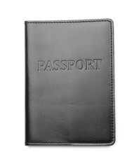 Passport in black leather case isolated on white, top view