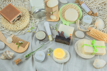 Cosmetics with natural ingredients on wooden background. Natural handmade cosmetics products. Top view.