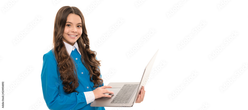 Wall mural happy kid portrait has long curly hair work online on laptop isolated on white, school. school girl 