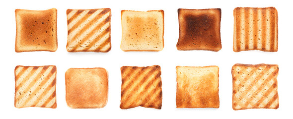 Set with tasty toasted bread on white background, top view. Banner design