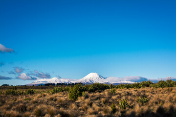 Snow blanketed volcanic cone of Mount Ngauruhoe rising over valley. Beautiful winter day at...