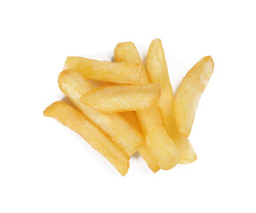 Delicious fresh french fries on white background, top view