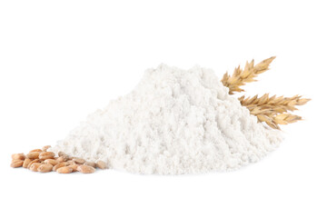 Heap of wheat flour, grains and spikelets on white background