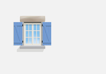 Fond de mur d’une maison bretonne peinte en blanc, avec une fenêtre et des volets bleus.