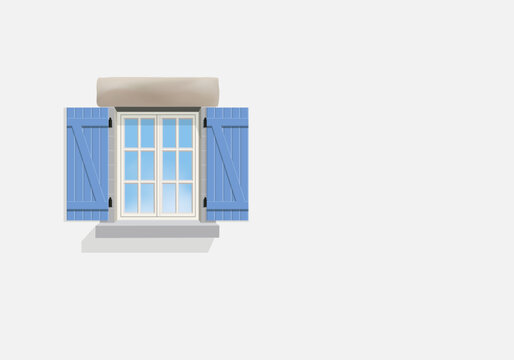 Fond de mur d&rsquo;une maison bretonne peinte en blanc, avec une fen&ecirc;tre et des volets bleus.