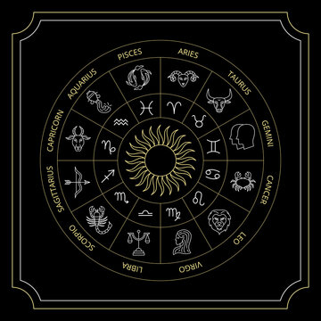 Black Zodiac Circle. Vector Thin Outline Symbols.