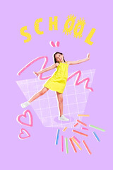 Vertical collage picture of excited positive little girl have good mood chalk painted school text isolated on creative purple background
