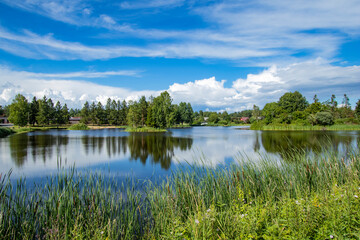 Summer landscape of a countryside lake with a village and forests in the background and grass in the foreground coast.