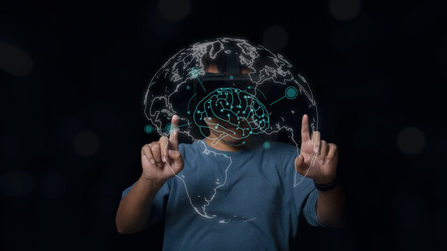 Man wearing VR glasses accessing brain Virtual Holographic interface. Virtual Global Internet connection metaverse.