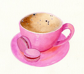 Pink cup with coffee on a saucer with two pink macaroons on a white background, watercolor freehand drawing.