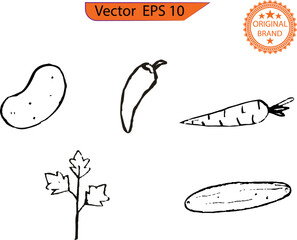 Vegetables doodle drawing collection. Original Hand drawn vector doodle illustrations in black isolated over transparent  background.