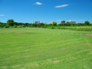 江戸川河川敷の除草された跡の残る真夏の野球場風景