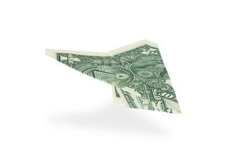 One dollar bill plane isolated on white background