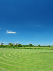 江戸川河川敷の除草された跡の残る真夏の野球場風景