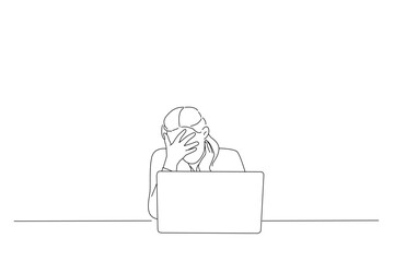 Cartoon of scared woman watching horror. One line art