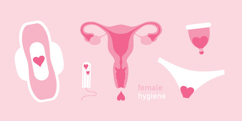 set of female hygiene products menstruation women uterus sanitary tampon - obrazy, fototapety, plakaty