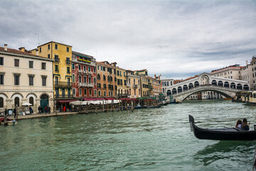 View of the Grand Canal and ancient buildings at Venice, Veneto, Italy.
