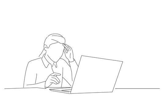 Illustration of shocked afraid worried business woman look at laptop computer screen terrified read bullying social media message. One line art