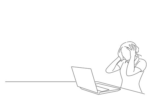 recommend clip art: Cartoon of attractive woman working at office with laptop in shock screams and grabs his head because of the virus. Line art style