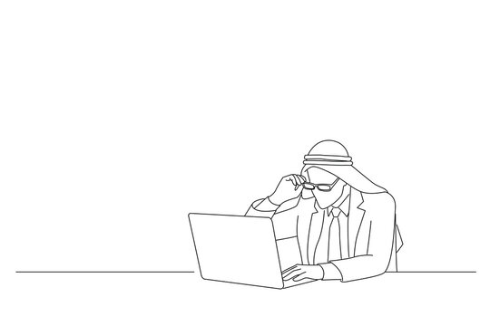 recommend clip art: Drawing of arab businessman with computer. Line art style