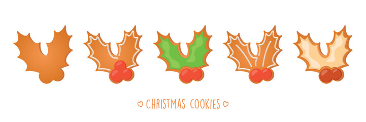 christmas cookies gingerbread set with different icing and sugar decoration holly berry