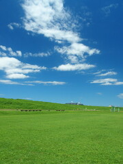 真夏の誰もいない江戸川河川敷の野球場風景