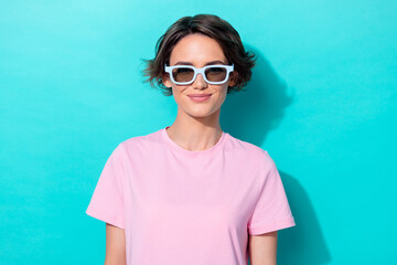 Photo of young attractive pretty wonder dream woman wear stylish glasses sun cool swag isolated on aquamarine color background
