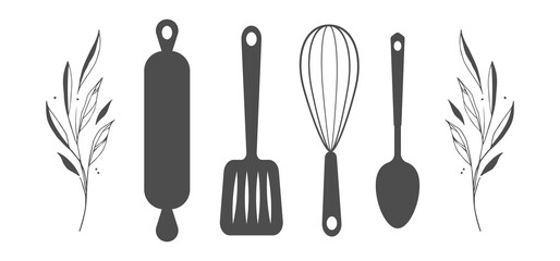 Set of black silhouettes kitchen tools fork spoon knife rolling pin ladle board for cutting culinary banner with place for your text vector illustration isolated on white background