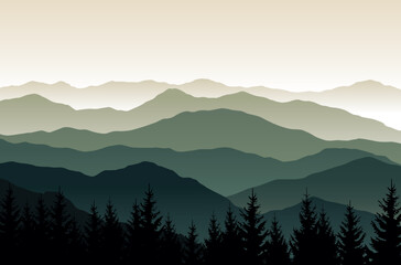 Fototapeta Vector nature landscape with silhouettes of mountains and forest obraz