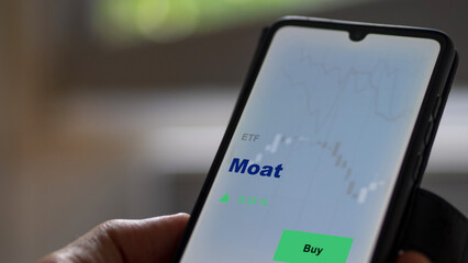 An investor's analyzing the moat etf fund on screen. A phone shows the ETF's prices to invest