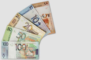 Banknotes in denominations of 100,50,20,10.5 belarusian rubles on an isolated background