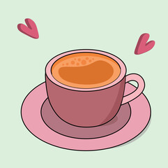 A cup of coffee in a purple mug for breakfast or a snack while relaxing and working