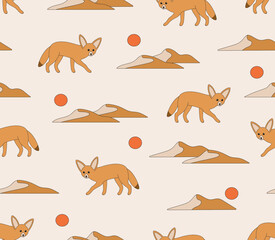 Seamless pattern of fennec fox isolated on beige background. Desert fox, desert animals with black outline. Cartoon animal character. Saharas animal.