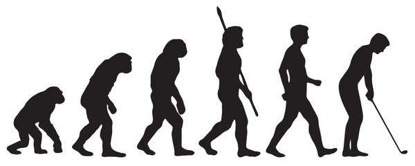 Evolution of the human to the golf. Silhouettes with the different steps of evolution Darwin. vector illustration - obrazy, fototapety, plakaty
