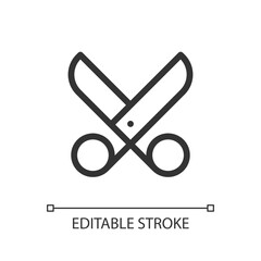 Scissors pixel perfect linear ui icon. Cut footage. Film production. Video editor instrument. GUI, UX design. Outline isolated user interface element for app and web. Editable stroke. Arial font used