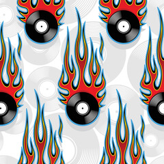 Seamless pattern with retro vintage vinyl record icon and tribal fire flame graphic © Artoholics