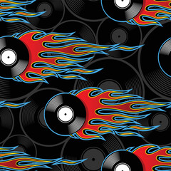 Seamless pattern with retro vintage vinyl record icon and tribal hotrod fire flame graphic