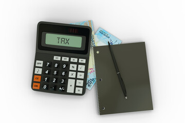 3D rendering of a composition of Malagasy ariary notes, a calculator, a note book and a pen isolated on dark background. Tax background design concept